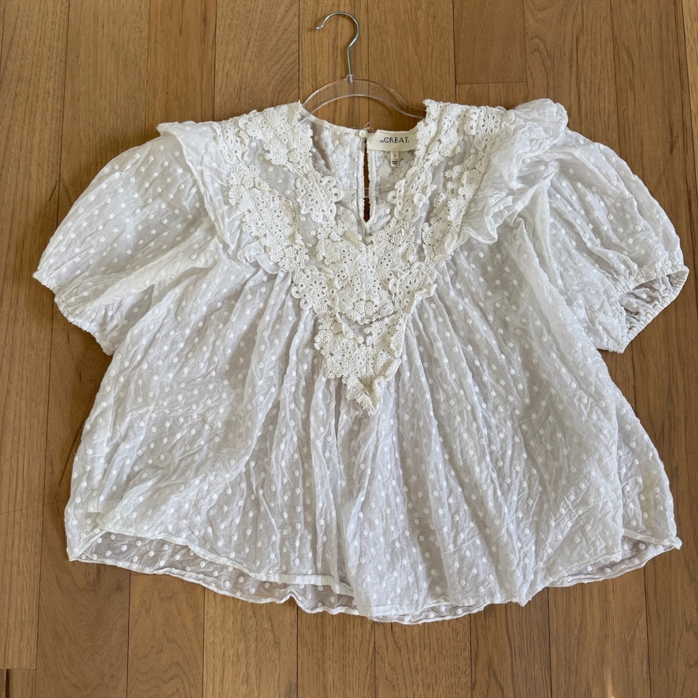 THE GREAT. Swiss Dot Blouse Womens Size 2 White Crochet Lace Ruffle Puff Sleeve - Picture 14 of 15